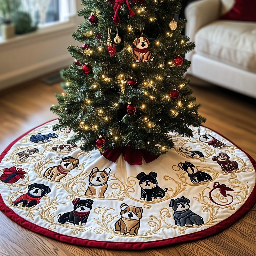 Classic Cream & Red Holiday Tree Skirt With Bulldog Motifs - Made-To-Order, Premium Fabric, Perfect Christmas Centerpiece