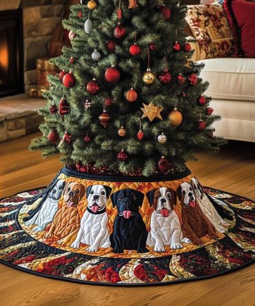 Custom Cream Patchwork Christmas Tree Skirt With Boxer Dog Motifs — Handmade Personalized Holiday Tree Skirt, Custom Sizes