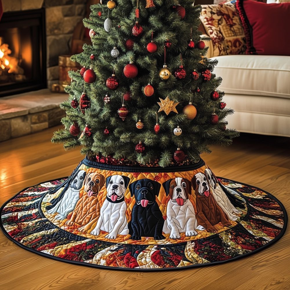 Custom Cream Patchwork Christmas Tree Skirt With Boxer Dog Motifs — Handmade Personalized Holiday Tree Skirt, Custom Sizes