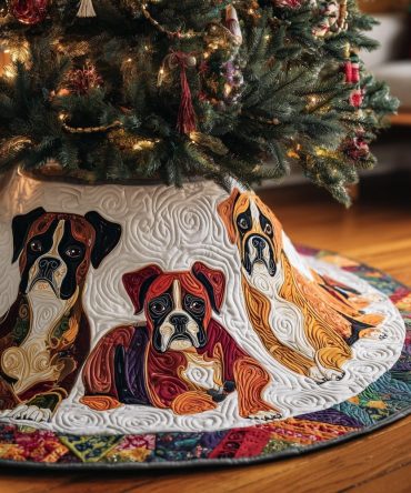 Stained Glass Style Christmas Tree Skirt With Boxer Dogs — Handmade Quilted Holiday Skirt, Vibrant Colors & Custom Options Available