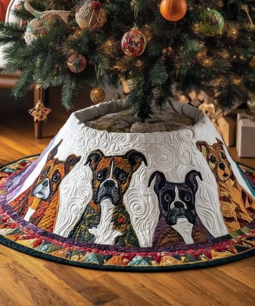 Ivory Quilted Christmas Tree Skirt With White Boxer Accents — Handmade Classic Holiday Skirt, Custom Sizes & Personalization Available