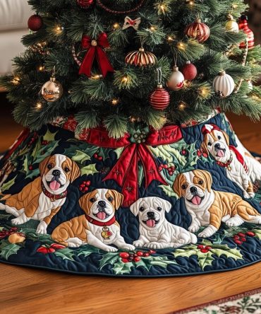 Boxer Dogs With Red Ribbon & Holly Holiday Tree Skirt — Handmade Quilted Christmas Skirt, Custom Sizes For Festive Pet Decor