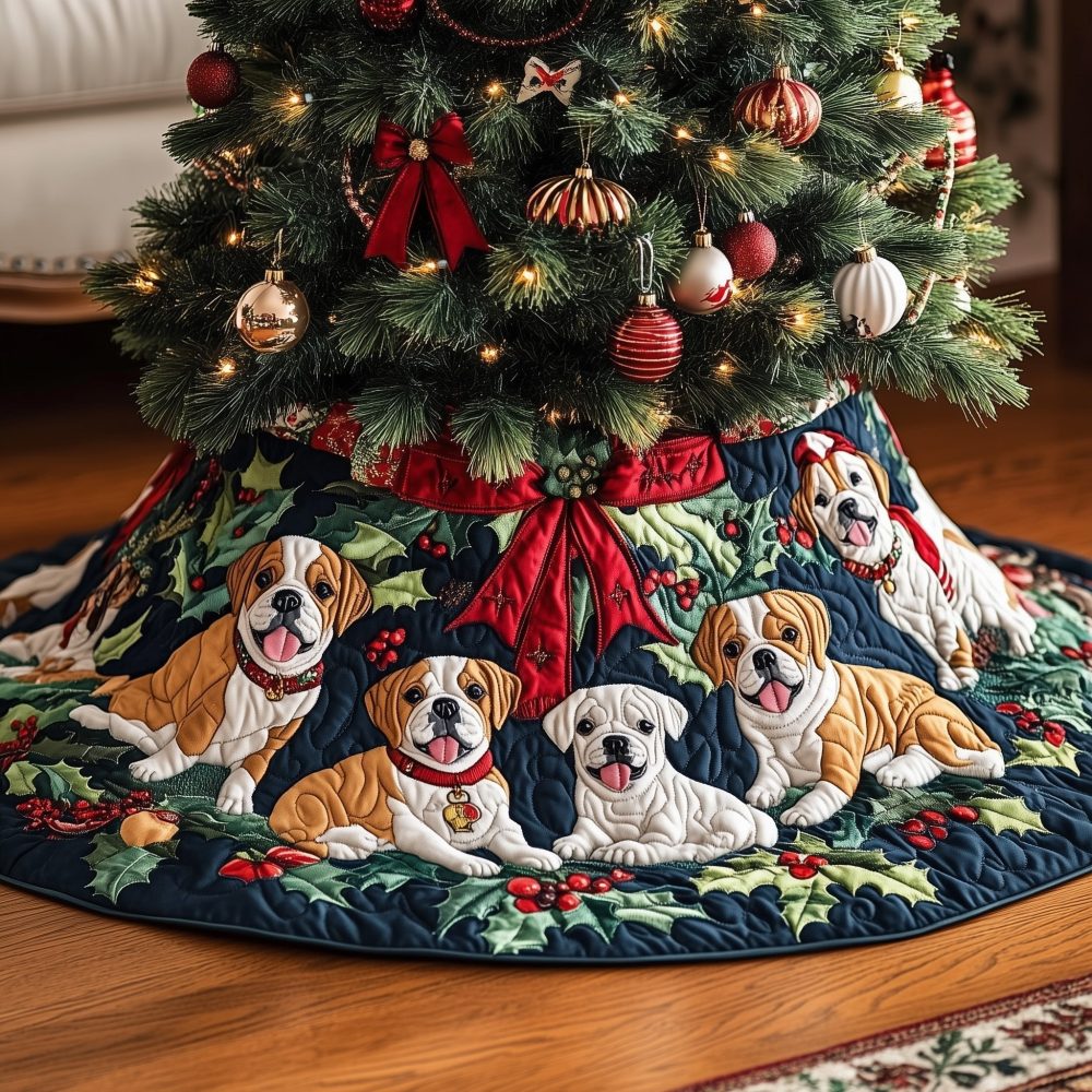 Boxer Dogs With Red Ribbon & Holly Holiday Tree Skirt — Handmade Quilted Christmas Skirt, Custom Sizes For Festive Pet Decor