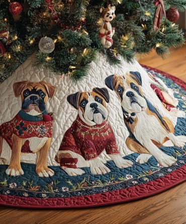 Red & Blue Patchwork Christmas Tree Skirt With Boxer Designs — Handmade Quilted Holiday Skirt, Made To Order & Customizable