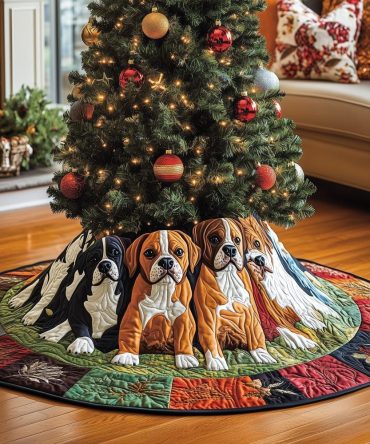 Green Patchwork Quilted Christmas Tree Skirt With Boxer Motifs — Handmade Holiday Skirt, Custom Sizes & Color Options Available