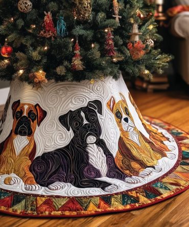 Bold Fiery Patchwork Christmas Tree Skirt With Black & Fawn Boxers — Handmade Quilted Holiday Accent, Custom Sizes Available