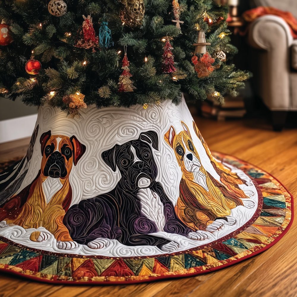 Bold Fiery Patchwork Christmas Tree Skirt With Black & Fawn Boxers — Handmade Quilted Holiday Accent, Custom Sizes Available