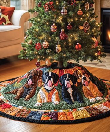 Orange & Green Patchwork Christmas Tree Skirt With Boxer Dogs — Handmade Quilted Holiday Skirt, Personalized And Made To Order
