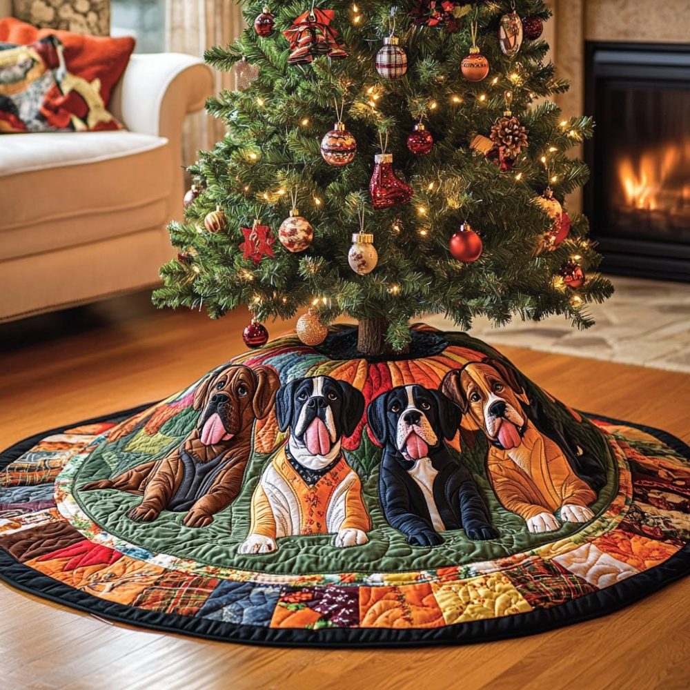 Orange & Green Patchwork Christmas Tree Skirt With Boxer Dogs — Handmade Quilted Holiday Skirt, Personalized And Made To Order