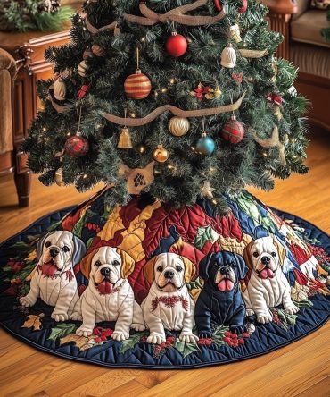 Color-Block Quilt Christmas Tree Skirt With Boxer Dog Family — Handmade Custom Holiday Skirt For Dog Lovers, Personalized Options