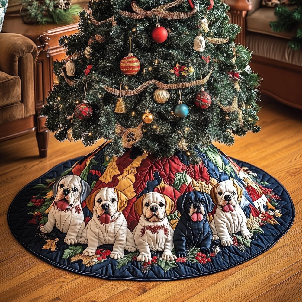 Color-Block Quilt Christmas Tree Skirt With Boxer Dog Family — Handmade Custom Holiday Skirt For Dog Lovers, Personalized Options
