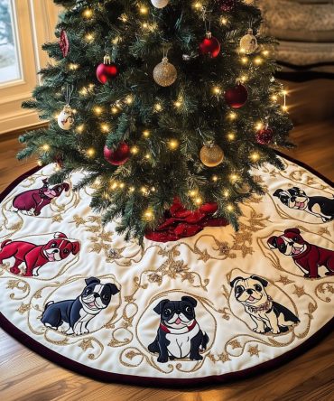 Adorable French Bulldog Tree Skirt With Red Sweaters On Cream - Custom Handmade Holiday Decor, Ideal Gift For Dog Lovers