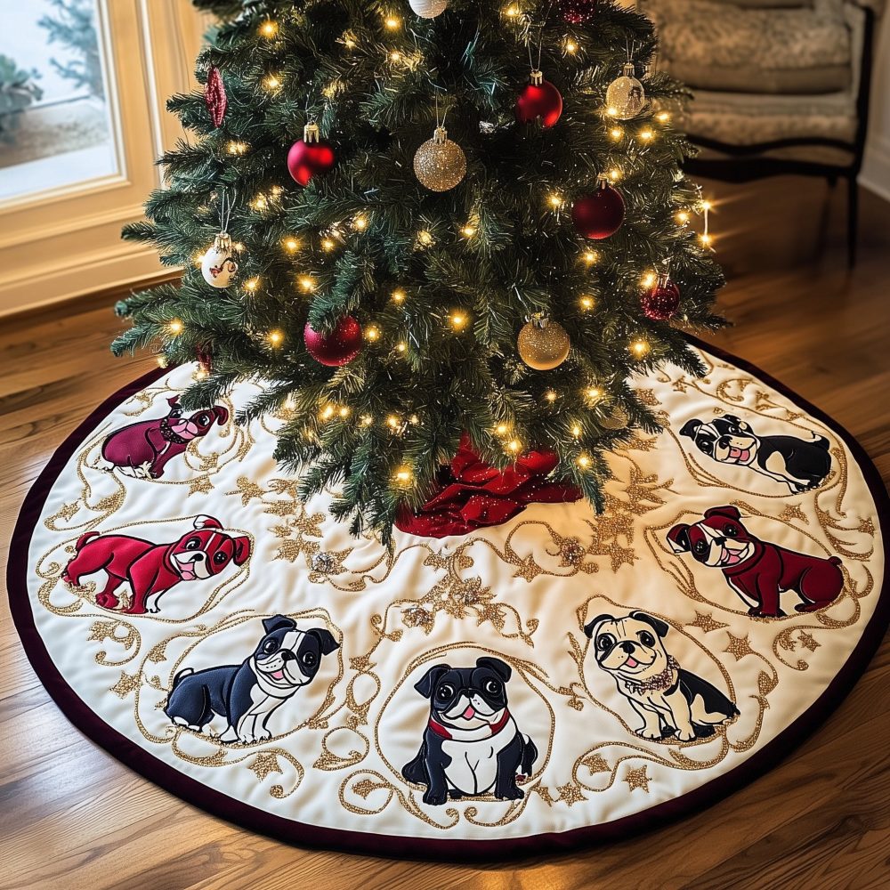 Adorable French Bulldog Tree Skirt With Red Sweaters On Cream - Custom Handmade Holiday Decor, Ideal Gift For Dog Lovers