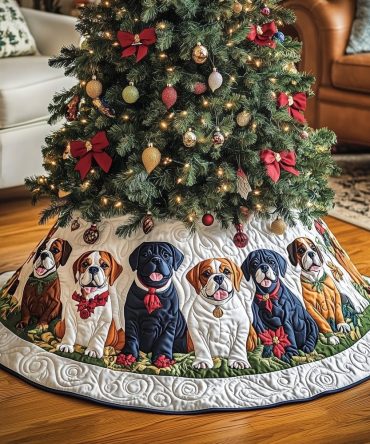 Festive White Tree Skirt With Boxers Wearing Red Bows — Handmade Quilted Holiday Skirt, Customizable For Dog-Themed Xmas Decor