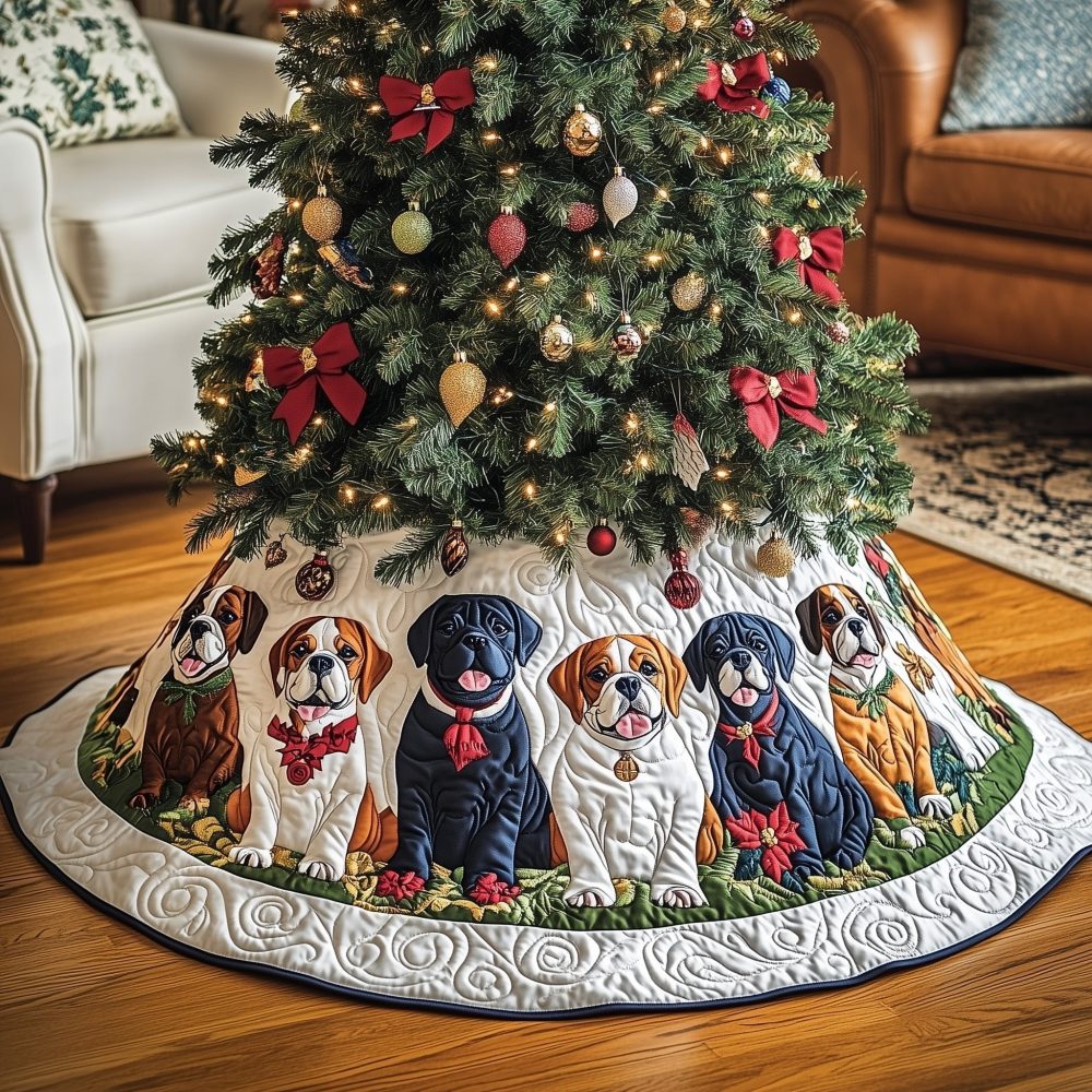 Festive White Tree Skirt With Boxers Wearing Red Bows — Handmade Quilted Holiday Skirt, Customizable For Dog-Themed Xmas Decor