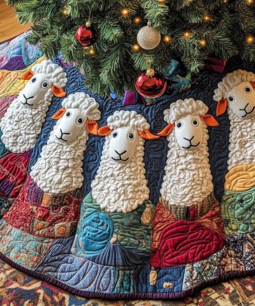 Blue & Red Patchwork Christmas Tree Skirt With White Sheep — Quilted Handmade Holiday Skirt, Custom Sizes And Fabric Choices