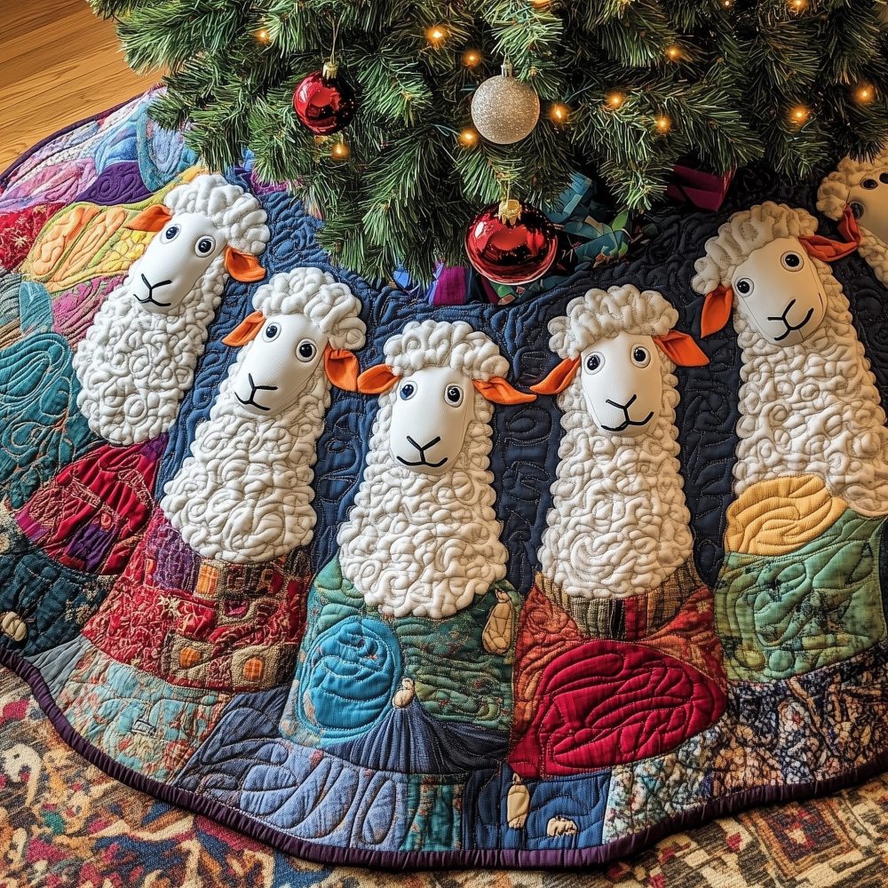 Blue & Red Patchwork Christmas Tree Skirt With White Sheep — Quilted Handmade Holiday Skirt, Custom Sizes And Fabric Choices
