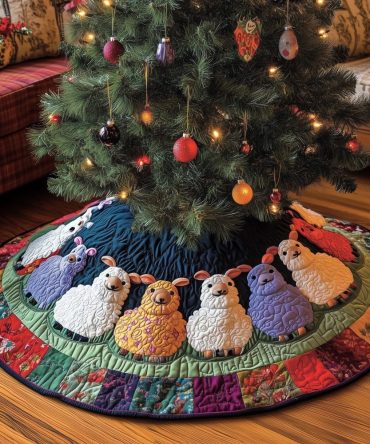Pastel Patchwork Christmas Tree Skirt With White Sheep Motif — Handmade Quilted Holiday Skirt, Custom Colors & Sizes Available