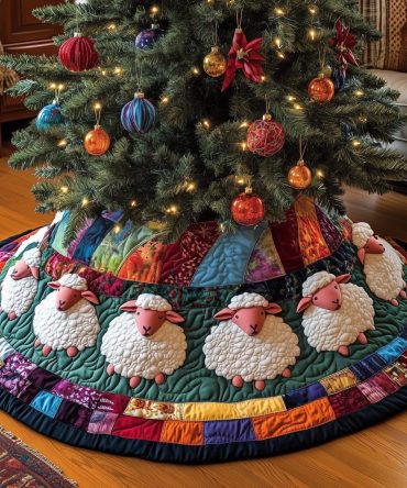 Custom Green-Band Christmas Tree Skirt With White Sheep Appliqué — Handmade Holiday Quilted Skirt For Rustic & Farmhouse Decor