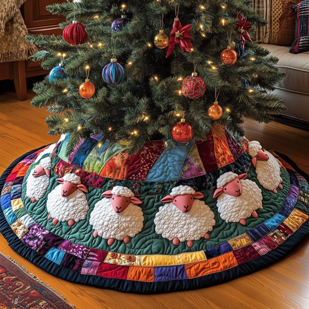 Custom Green-Band Christmas Tree Skirt With White Sheep Appliqué — Handmade Holiday Quilted Skirt For Rustic & Farmhouse Decor