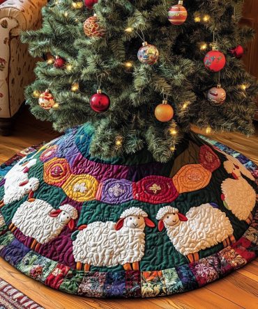 Handmade Jewel-Accent Patchwork Christmas Tree Skirt With Charming Sheep Appliqué — Custom Quilted Holiday Decor, Made To Order