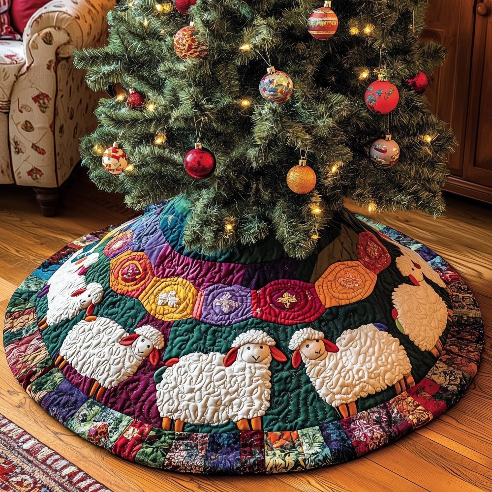 Handmade Jewel-Accent Patchwork Christmas Tree Skirt With Charming Sheep Appliqué — Custom Quilted Holiday Decor, Made To Order