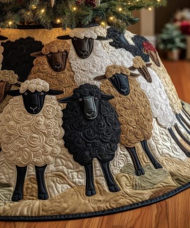 Cream & Black Sheep On Ivory Christmas Tree Skirt — Personalized Farmhouse Skirt, Durable Print And Easy-Care Fabric