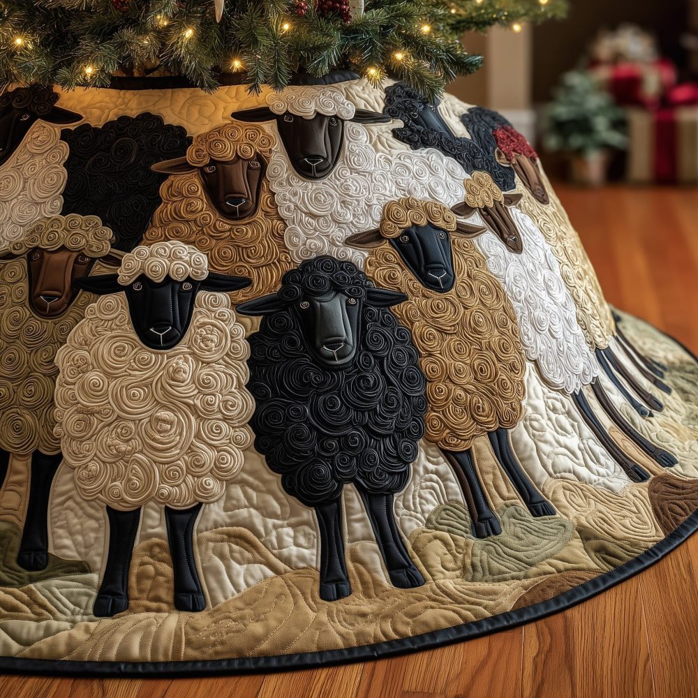 Cream & Black Sheep On Ivory Christmas Tree Skirt — Personalized Farmhouse Skirt, Durable Print And Easy-Care Fabric