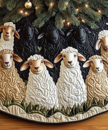White Sheep With Dark Heads Christmas Tree Skirt — Custom Farmhouse Holiday Skirt, Soft Fabric & Machine-Washable