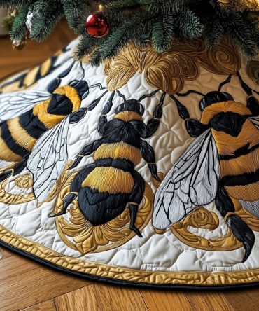 Bumble Bee Holiday Tree Skirt — Cute Puffy Bee Applique, Cozy Sherpa Backing, Available In Multiple Sizes, Gift-Ready Packaging