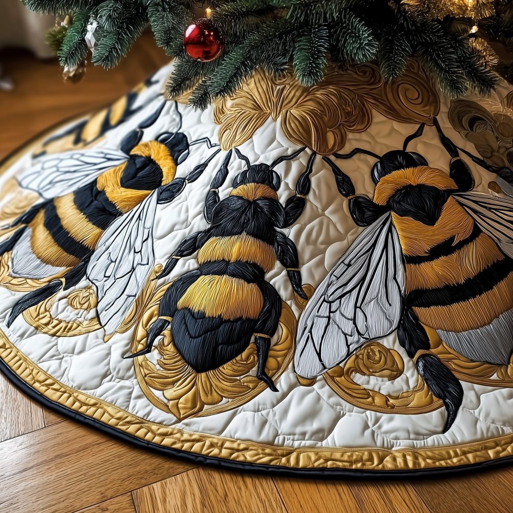 Bumble Bee Holiday Tree Skirt — Cute Puffy Bee Applique, Cozy Sherpa Backing, Available In Multiple Sizes, Gift-Ready Packaging