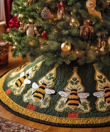 Bee On Tree Skirt — Whimsical Honeybee Sitting On Pine, Soft Felt & Quilting, Personalized Size, Handmade Holiday Decor
