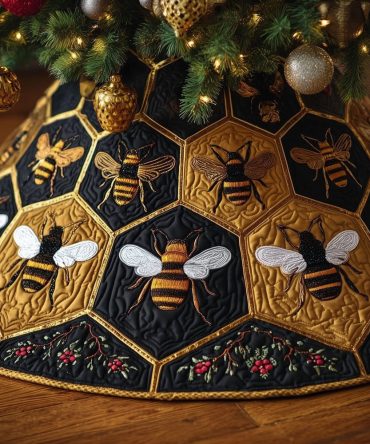Dark Honeycomb Hexagon Christmas Tree Skirt With Bees — Custom-Made Rustic Holiday Skirt, Rich Tones & Sturdy Finish