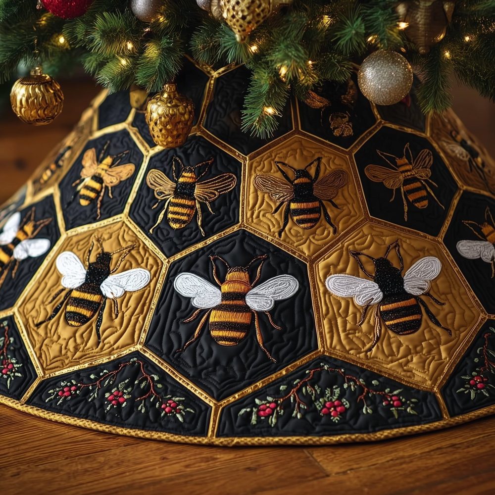 Dark Honeycomb Hexagon Christmas Tree Skirt With Bees — Custom-Made Rustic Holiday Skirt, Rich Tones & Sturdy Finish