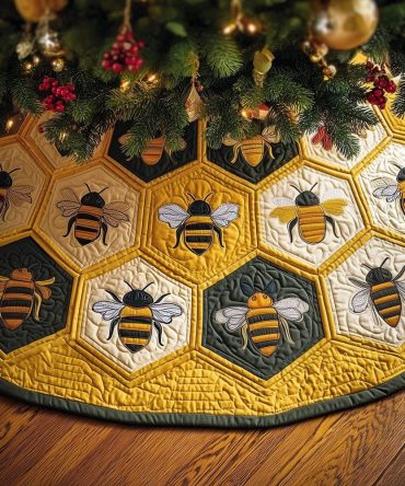 Golden Honeycomb Christmas Tree Skirt With Bees — Custom Made Skirt, Durable Fabric With Shine-Accented Print