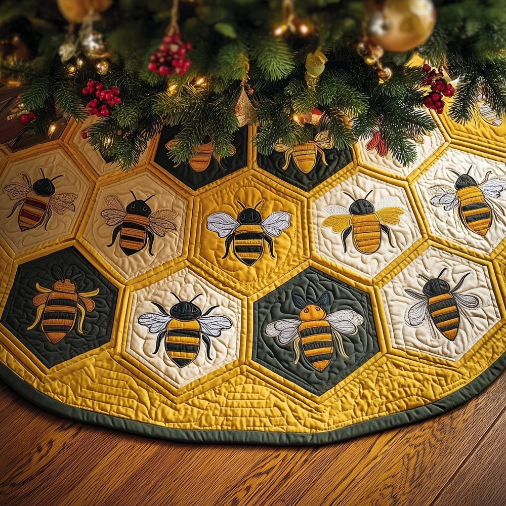 Golden Honeycomb Christmas Tree Skirt With Bees — Custom Made Skirt, Durable Fabric With Shine-Accented Print