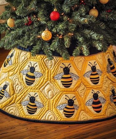 Honeycomb Christmas Tree Skirt — Modern Geometric Bee Honeycomb Pattern, Durable Quilted Backing, Custom Fit