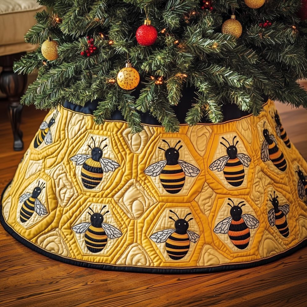 Honeycomb Christmas Tree Skirt — Modern Geometric Bee Honeycomb Pattern, Durable Quilted Backing, Custom Fit