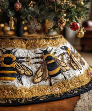 Honeybee-Themed Christmas Tree Skirt With Golden Border — Custom-Made, Luxurious Print For Unique Holiday Decor