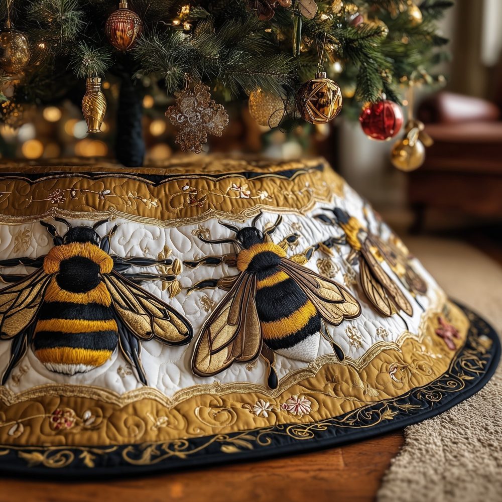 Honeybee-Themed Christmas Tree Skirt With Golden Border — Custom-Made, Luxurious Print For Unique Holiday Decor