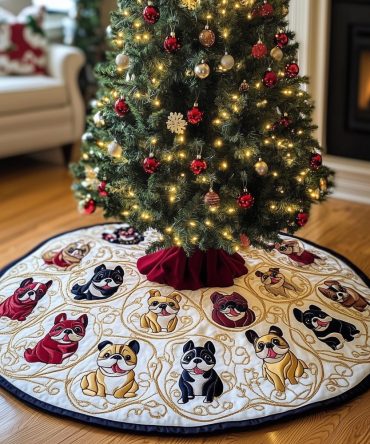 Ornate Bulldog Portraits In Gold Oval Frames Christmas Tree Skirt - Handmade, Custom Size Options, Luxe Holiday Accent