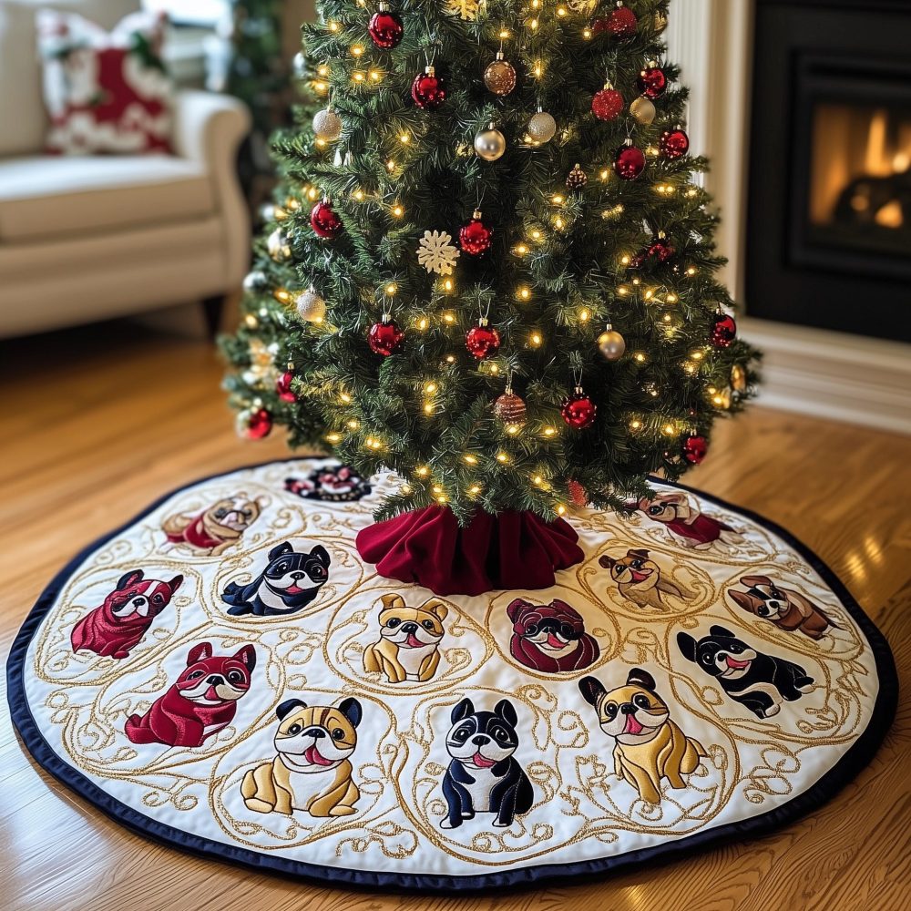 Ornate Bulldog Portraits In Gold Oval Frames Christmas Tree Skirt - Handmade, Custom Size Options, Luxe Holiday Accent