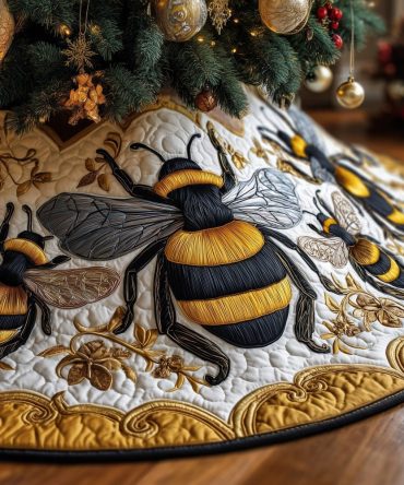 White Tree Skirt With Bumblebee Motif & Gold Scrolls — Elegant Custom Christmas Skirt, High-Quality Fabric Print