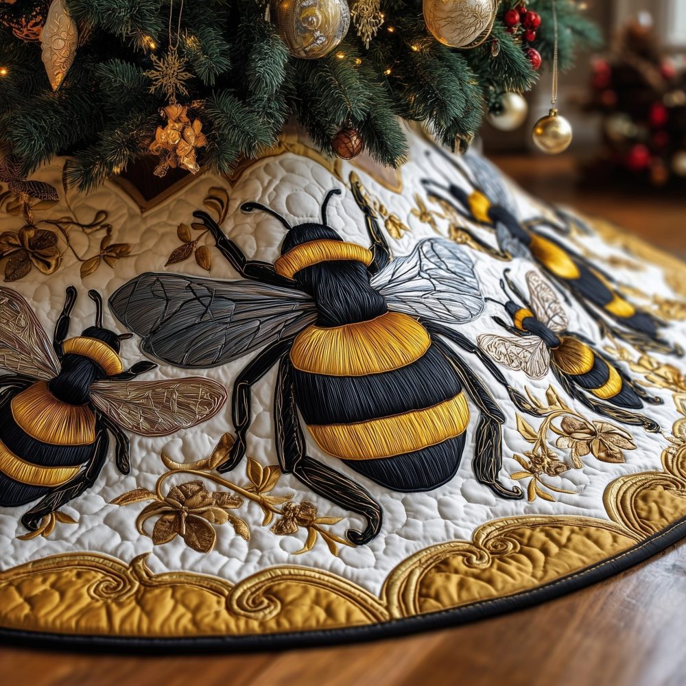White Tree Skirt With Bumblebee Motif & Gold Scrolls — Elegant Custom Christmas Skirt, High-Quality Fabric Print