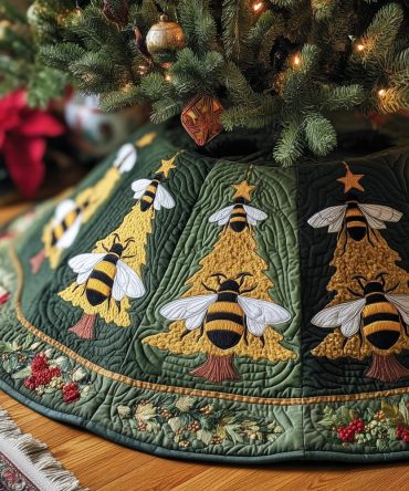 Golden Hive & Bees Tree Skirt — Made-To-Order Evergreen Holiday Skirt With Bee And Hive Pattern, Handcrafted Décor