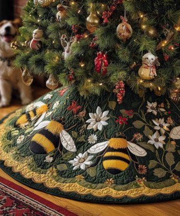 Floral Bee Tree Skirt — Elegant Garden Floral And Bee Motif, Soft Quilted Fabric, Custom Sizes, Handmade
