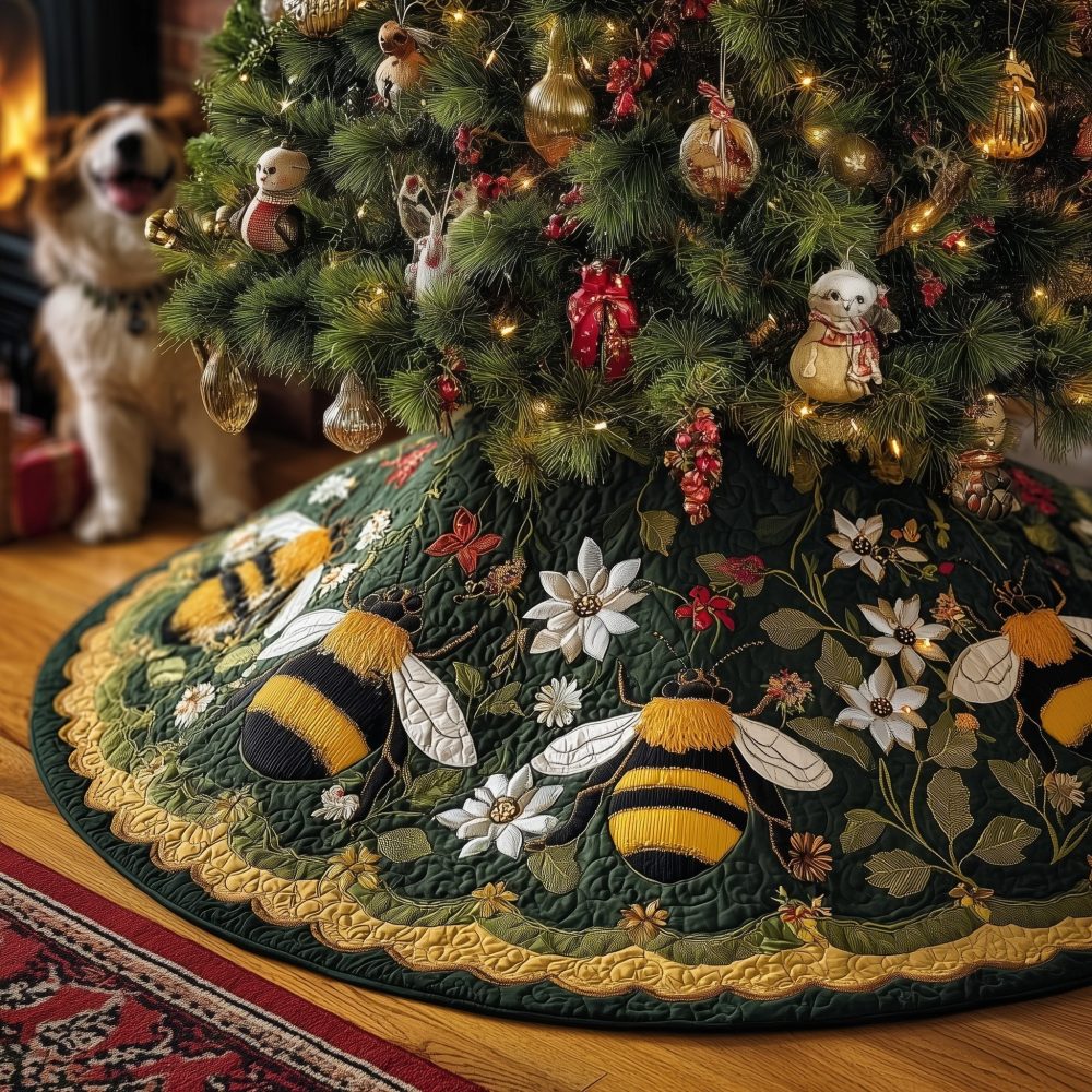 Floral Bee Tree Skirt — Elegant Garden Floral And Bee Motif, Soft Quilted Fabric, Custom Sizes, Handmade
