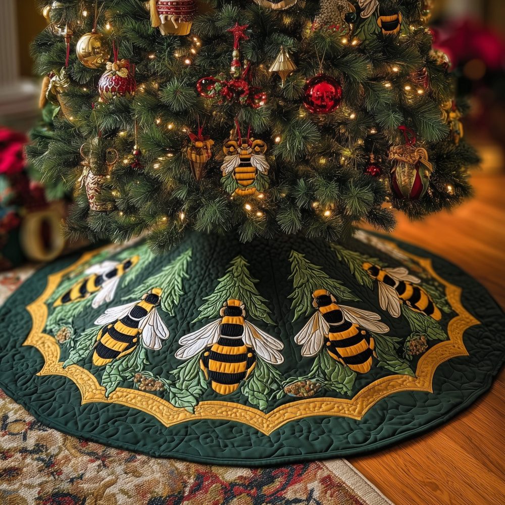 Honeybee Scallop Evergreen Tree Skirt — Custom-Made Bee Motif Holiday Tree Collar With Scalloped Edge, Handcrafted
