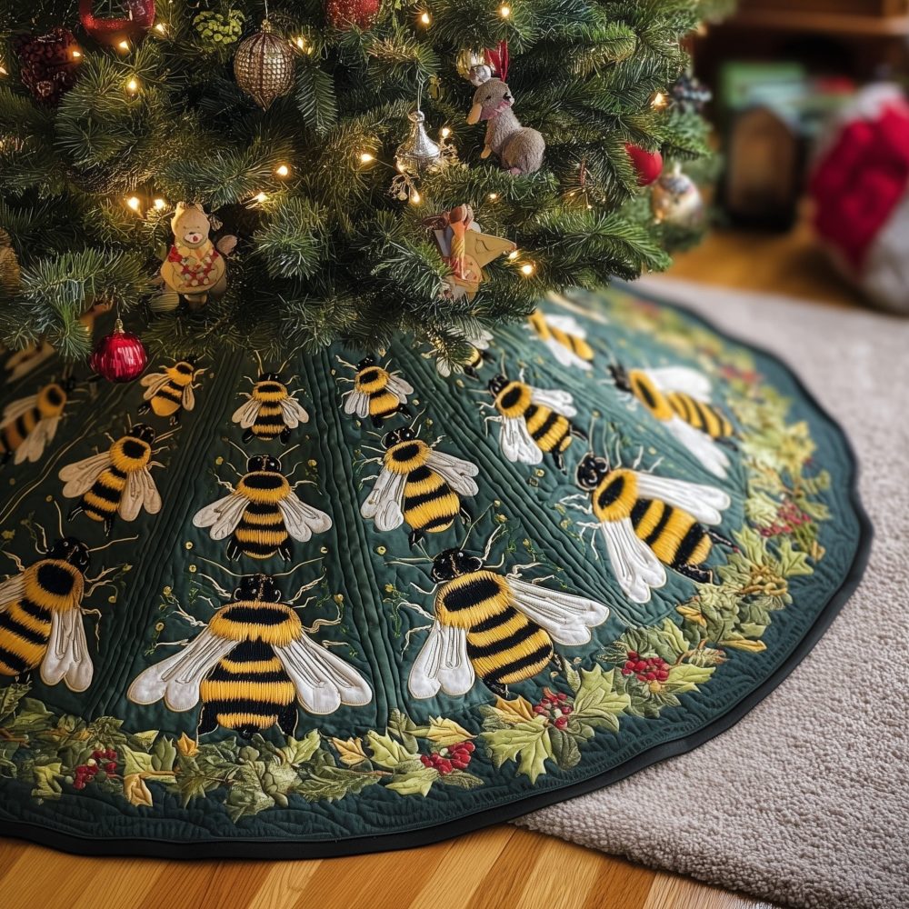 Holiday Bee Christmas Tree Skirt — Festive Honeybee Pattern, Red & Gold Accents, Soft Padded, Made-To-Order Options