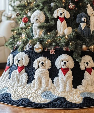 Navy Christmas Tree Skirt With Bichon Frise In Red Scarves — Personalized Holiday Skirt, Premium Print & Finish